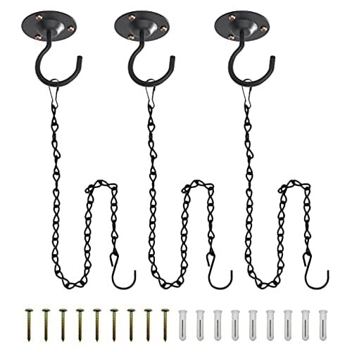 3 Pack Ceiling Hooks for Hanging Plants with Hanging Chain - Wall Hook Metal Plant Bracket Iron Lanterns Hangers for Wind Chimes, Planters (Black